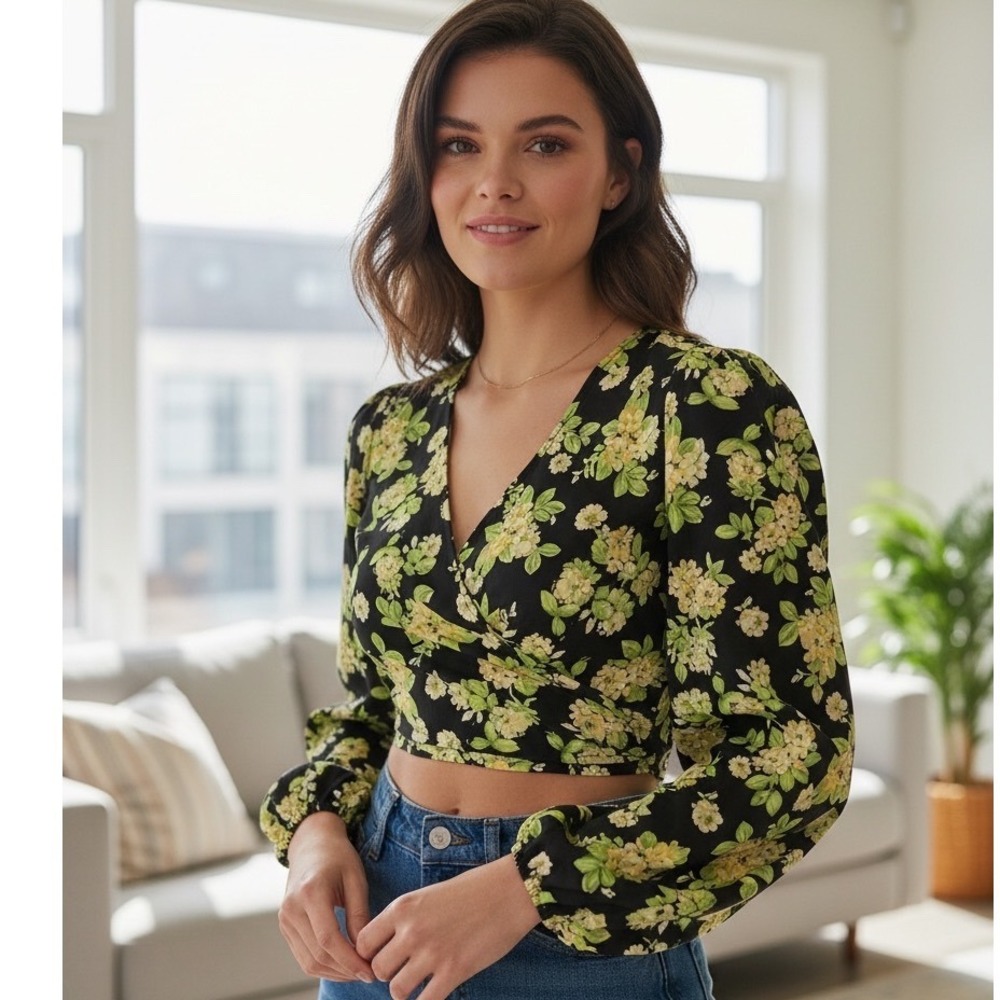 MNG Mango Floral Crop Top Black Lime Green Balloon Sleeve Cottagecore Fairy Boho - Picture 12 of 15